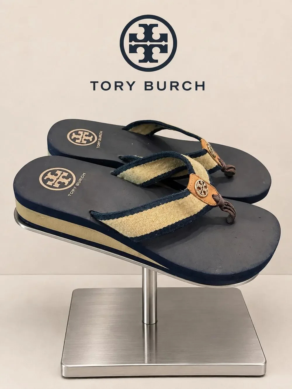 Tory Burch Frankie Wedge Flip Flop Sandals Navy Tan Women’s Sz 8